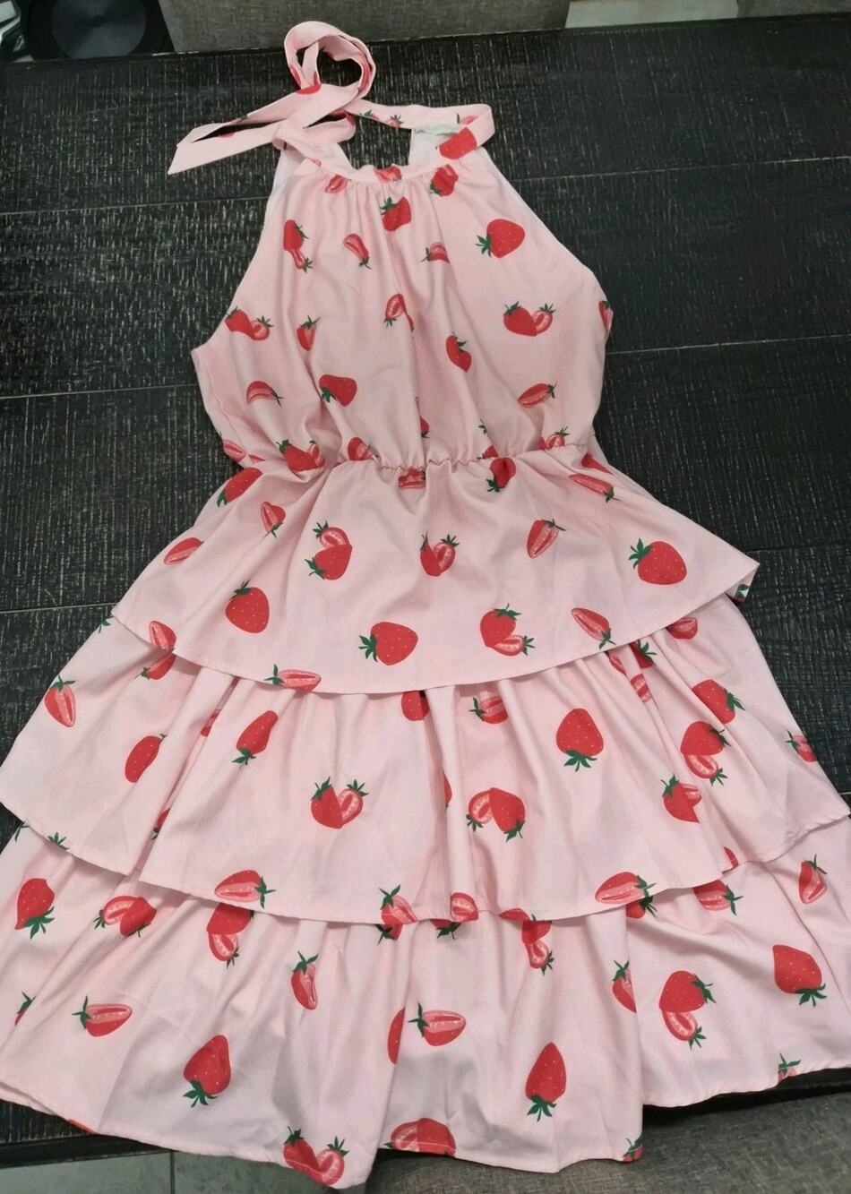 Size Large Pink Strawberry Tiered Ruffle High Neck Halter Dress With Ties